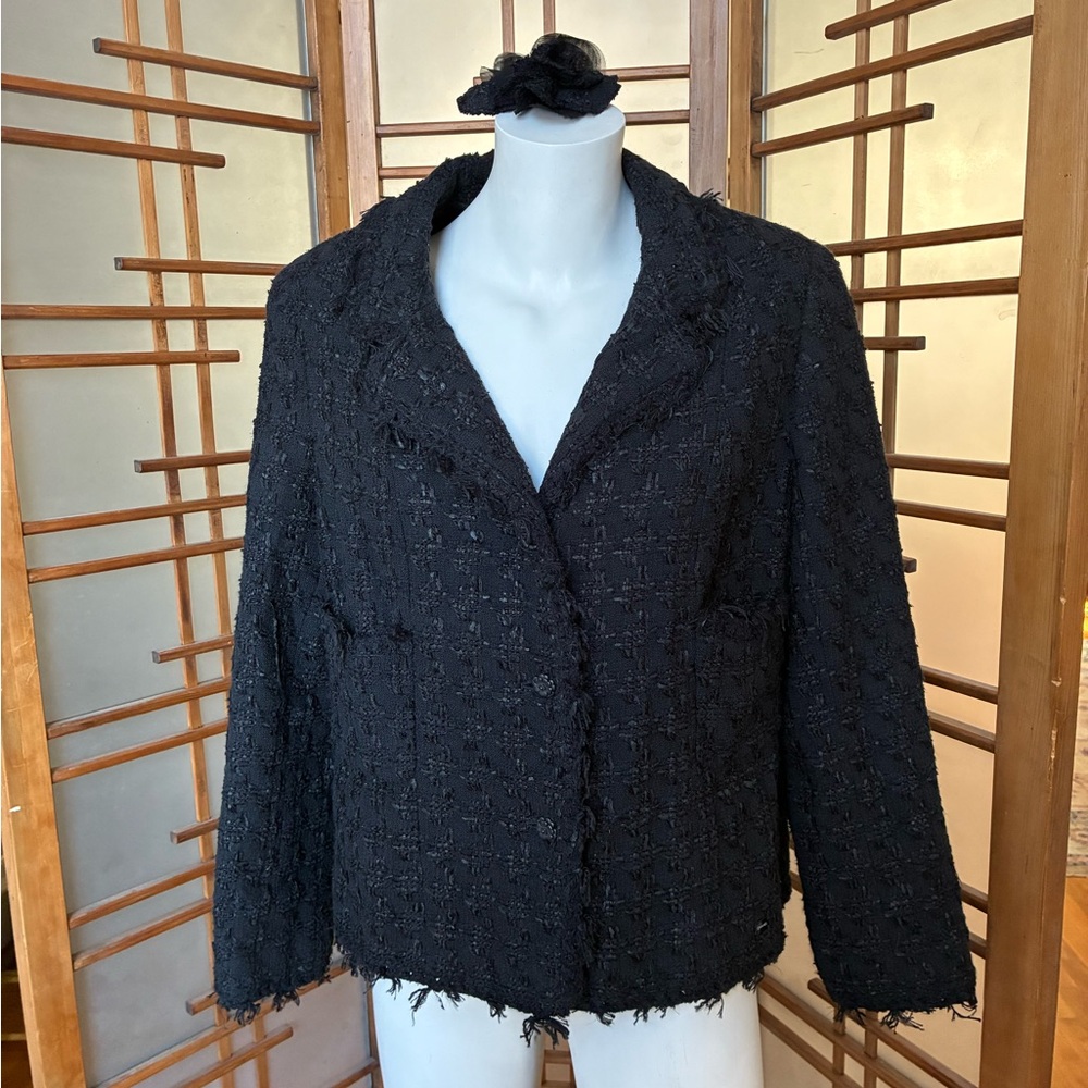 Vintage Chanel Black Woven  Jacket with Camilla Brooch